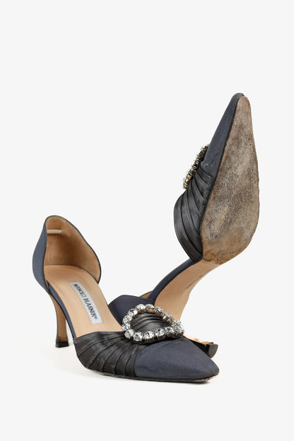 Manolo Blahnik Sedara Grey Satin Crystal-Embellished D'Orsay Pumps