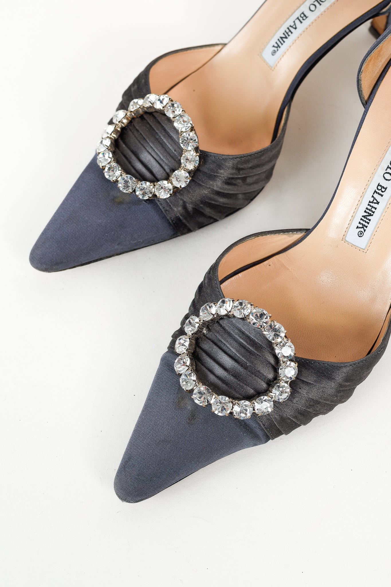 Manolo Blahnik Sedara Grey Satin Crystal-Embellished D'Orsay Pumps