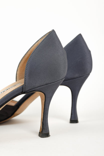 Manolo Blahnik Sedara Grey Satin Crystal-Embellished D'Orsay Pumps