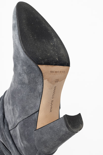 Manolo Blahnik Shushan Grey Suede Slouchy Mid-Calf Boots