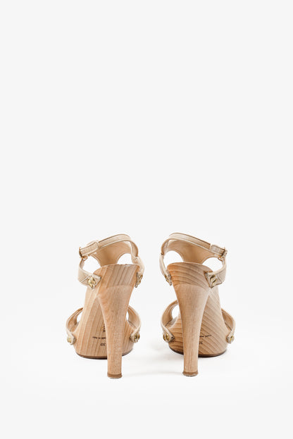 Manolo Blahnik Beige T-Strap Wood Studded Accents Sandal Heels