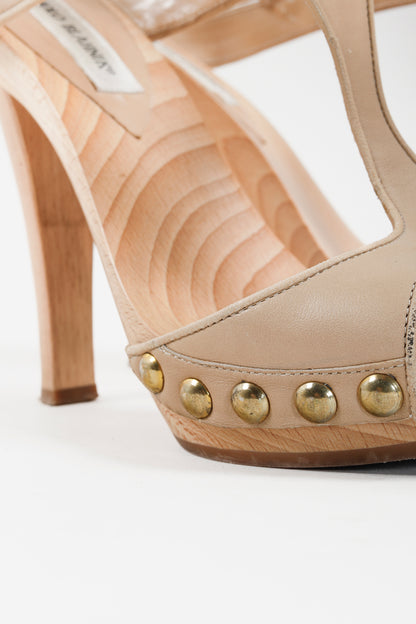 Manolo Blahnik Beige T-Strap Wood Studded Accents Sandal Heels