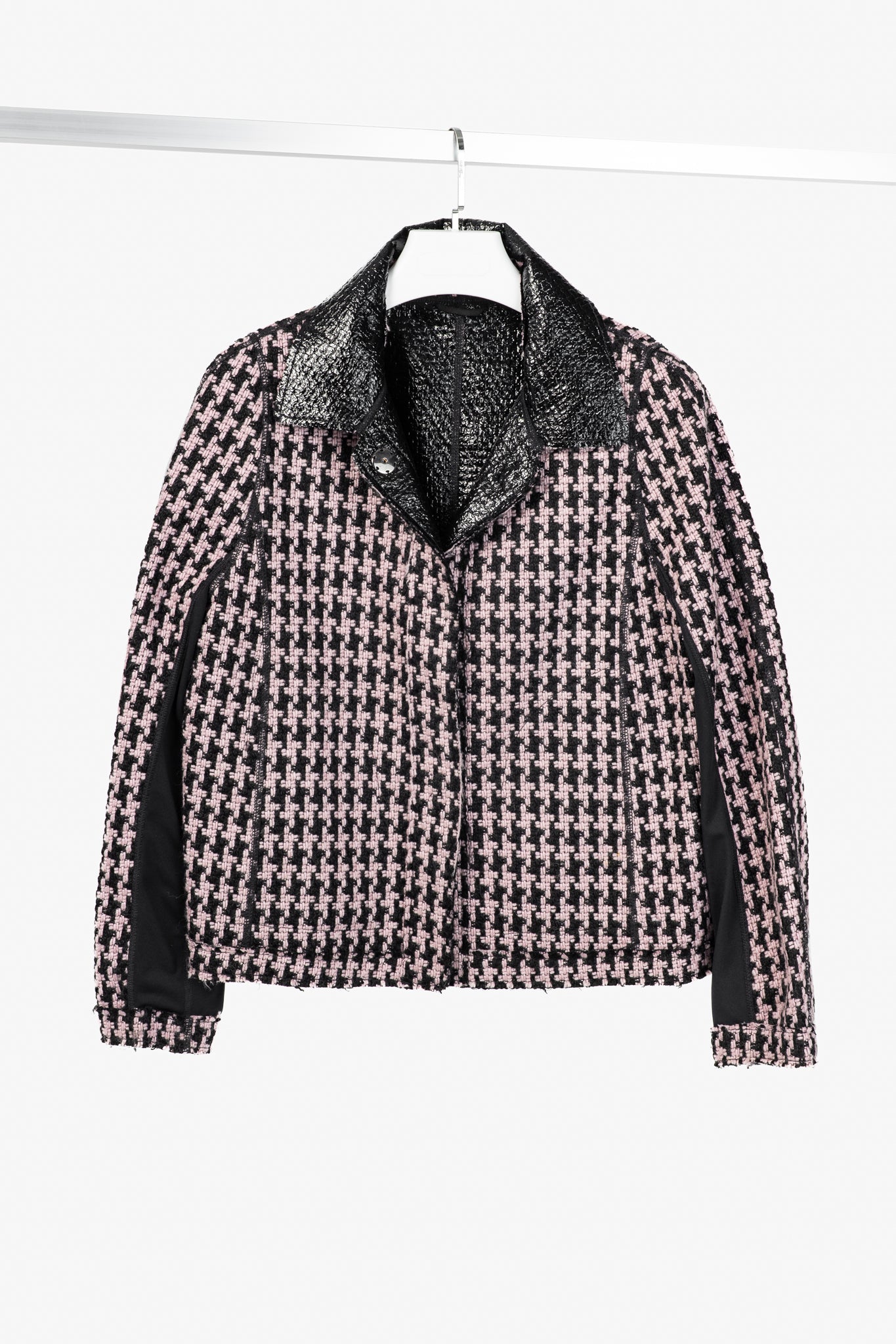 Marc Cain Reversible Pink & Black Houndstooth Tweed & Faux-Leather Jacket