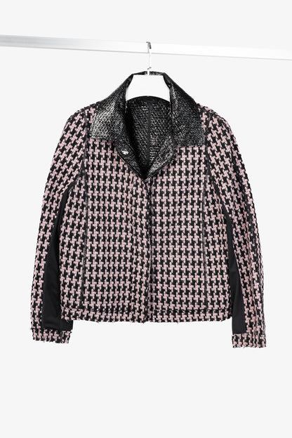 Marc Cain Reversible Pink & Black Houndstooth Tweed & Faux-Leather Jacket