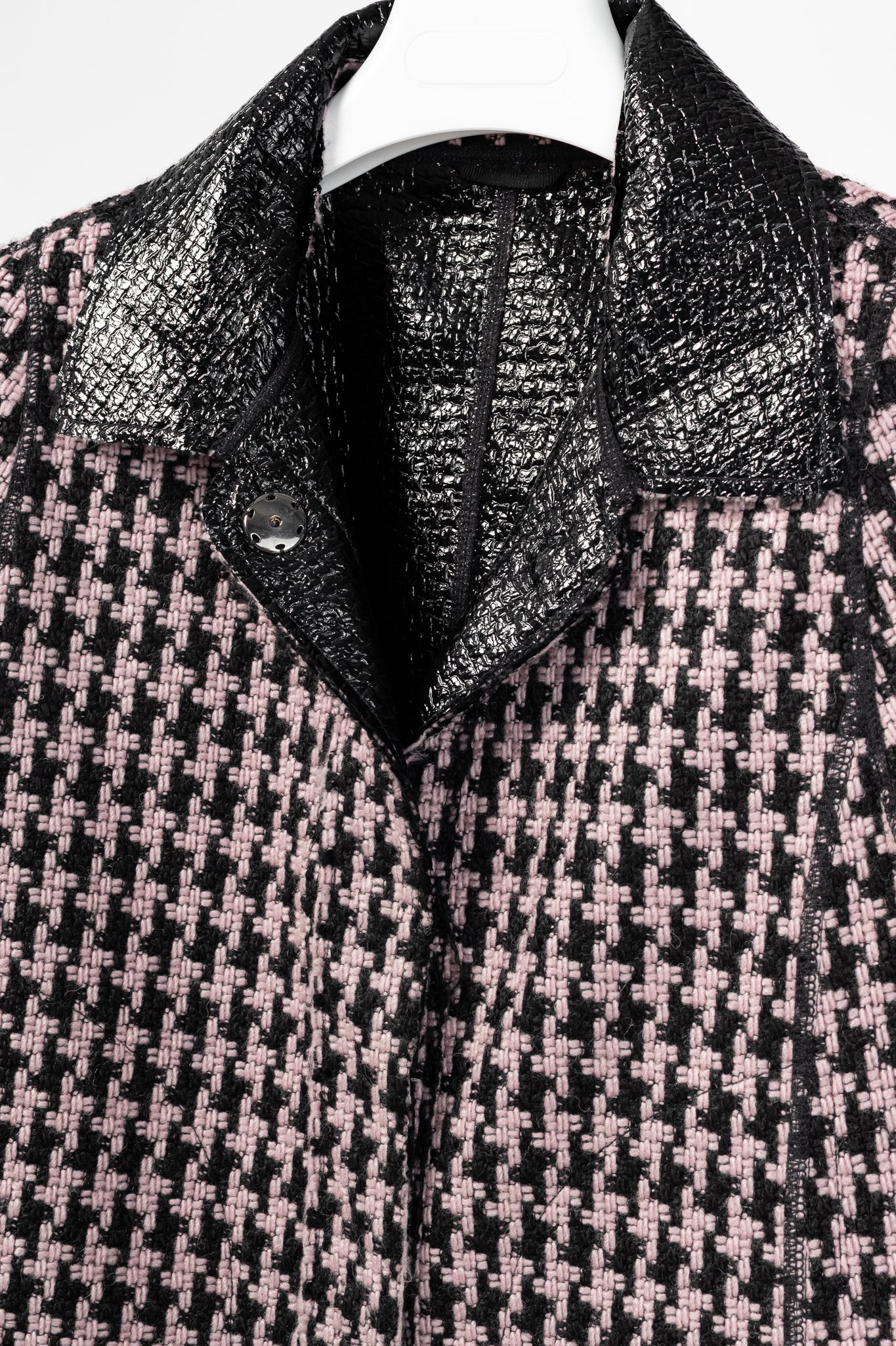 Marc Cain Reversible Pink & Black Houndstooth Tweed & Faux-Leather Jacket
