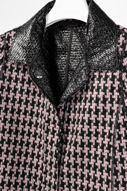Marc Cain Reversible Pink & Black Houndstooth Tweed & Faux-Leather Jacket