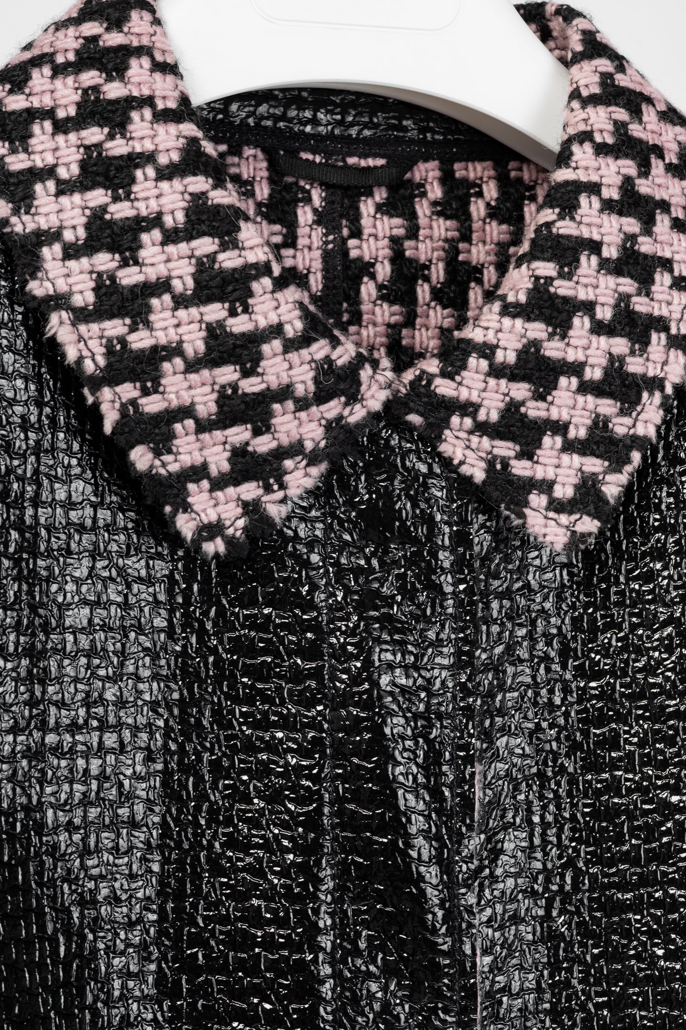 Marc Cain Reversible Pink & Black Houndstooth Tweed & Faux-Leather Jacket