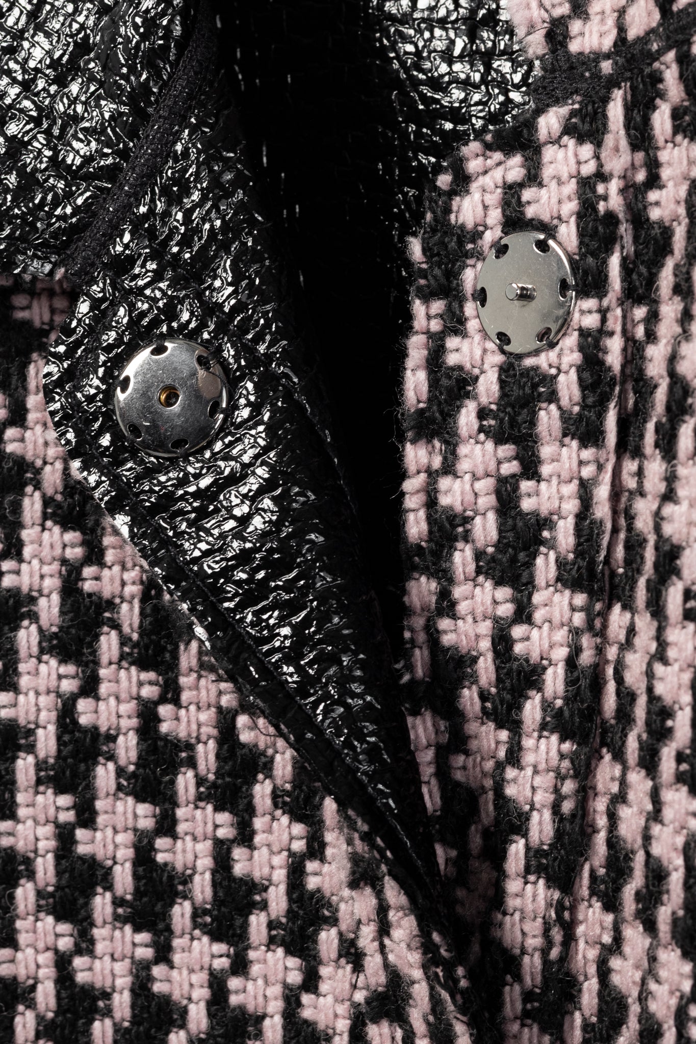 Marc Cain Reversible Pink & Black Houndstooth Tweed & Faux-Leather Jacket