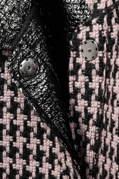 Marc Cain Reversible Pink & Black Houndstooth Tweed & Faux-Leather Jacket