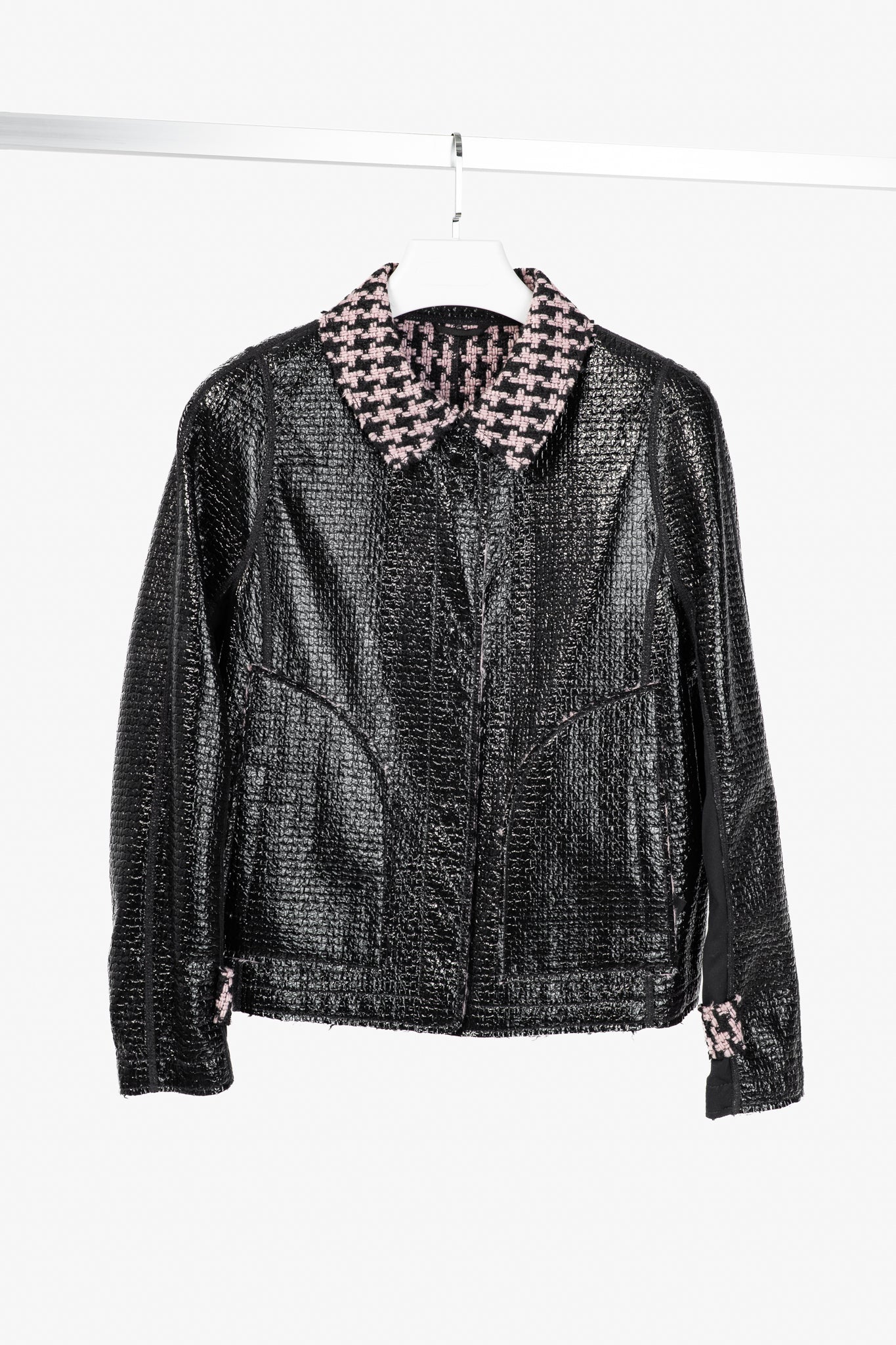 Marc Cain Reversible Pink & Black Houndstooth Tweed & Faux-Leather Jacket