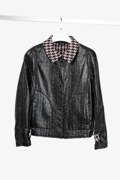 Marc Cain Reversible Pink & Black Houndstooth Tweed & Faux-Leather Jacket