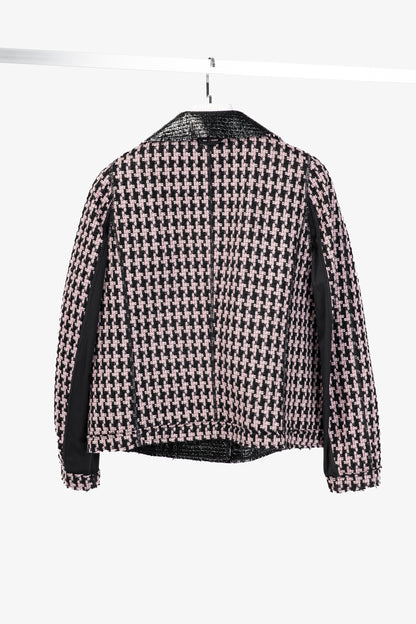 Marc Cain Reversible Pink & Black Houndstooth Tweed & Faux-Leather Jacket