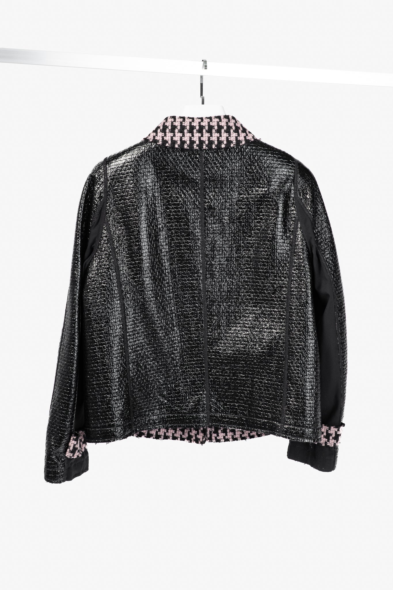 Marc Cain Reversible Pink & Black Houndstooth Tweed & Faux-Leather Jacket