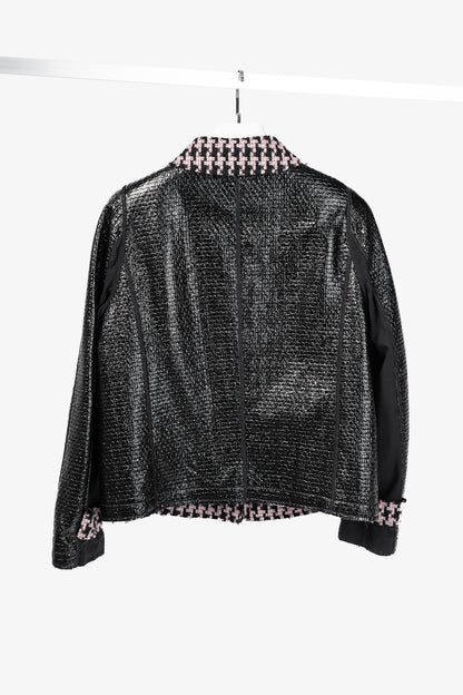 Marc Cain Reversible Pink & Black Houndstooth Tweed & Faux-Leather Jacket