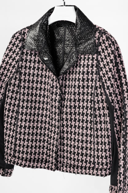 Marc Cain Reversible Pink & Black Houndstooth Tweed & Faux-Leather Jacket