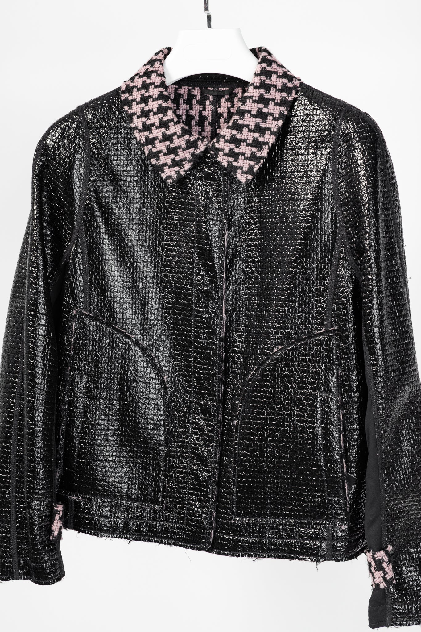 Marc Cain Reversible Pink & Black Houndstooth Tweed & Faux-Leather Jacket