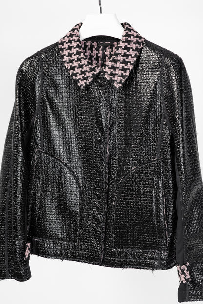Marc Cain Reversible Pink & Black Houndstooth Tweed & Faux-Leather Jacket
