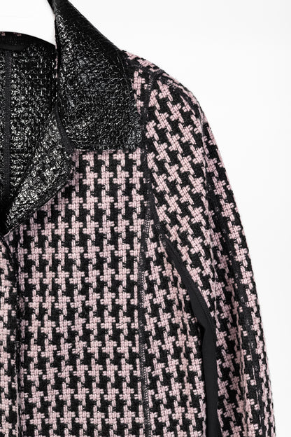 Marc Cain Reversible Pink & Black Houndstooth Tweed & Faux-Leather Jacket