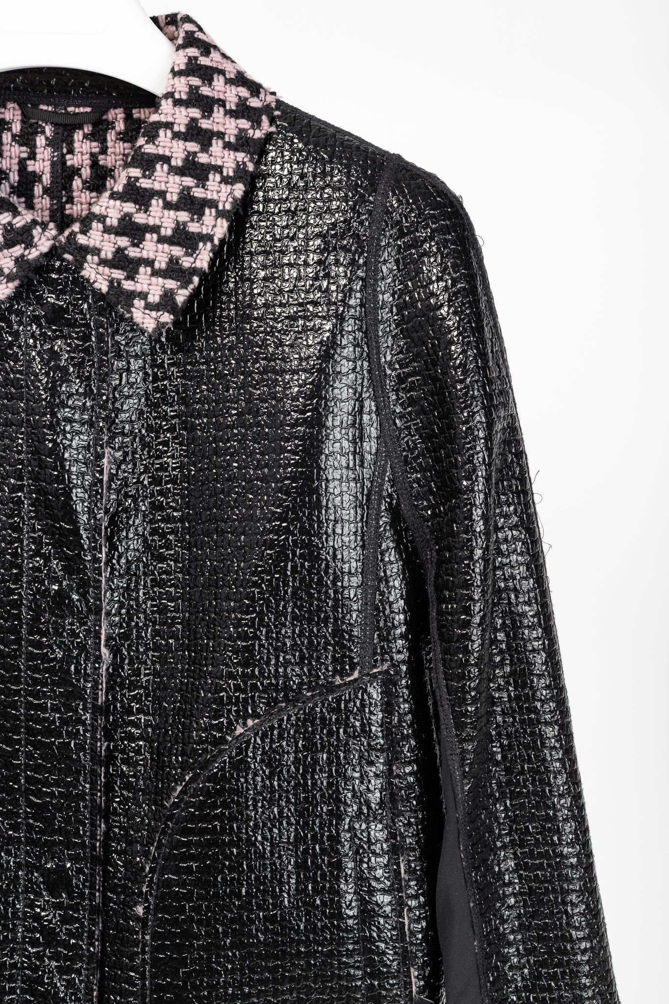 Marc Cain Reversible Pink & Black Houndstooth Tweed & Faux-Leather Jacket