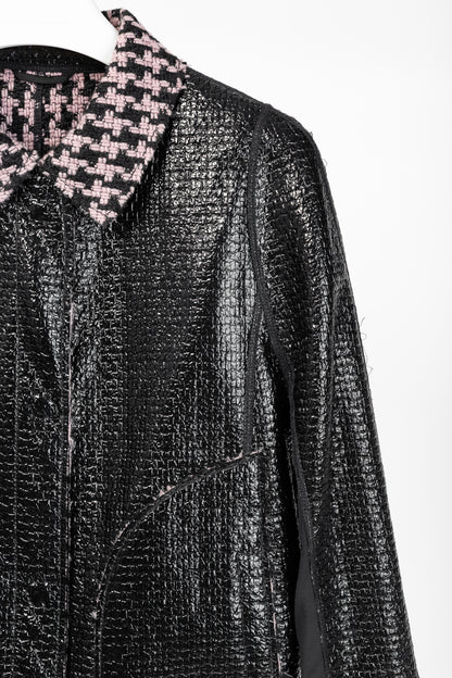 Marc Cain Reversible Pink & Black Houndstooth Tweed & Faux-Leather Jacket