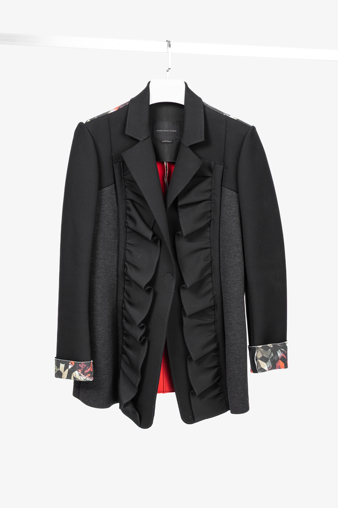 Marie Saint Pierre Black Neoprene & Ponte Ruffle Patchwork Blazer