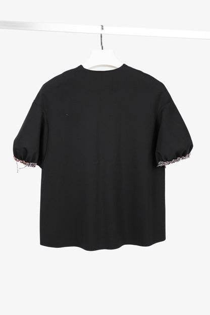 Marie Saint Pierre Black Neoprene Trimmed-Puff-Sleeve T-Shirt