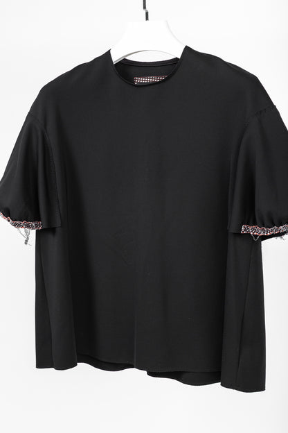Marie Saint Pierre Black Neoprene Trimmed-Puff-Sleeve T-Shirt