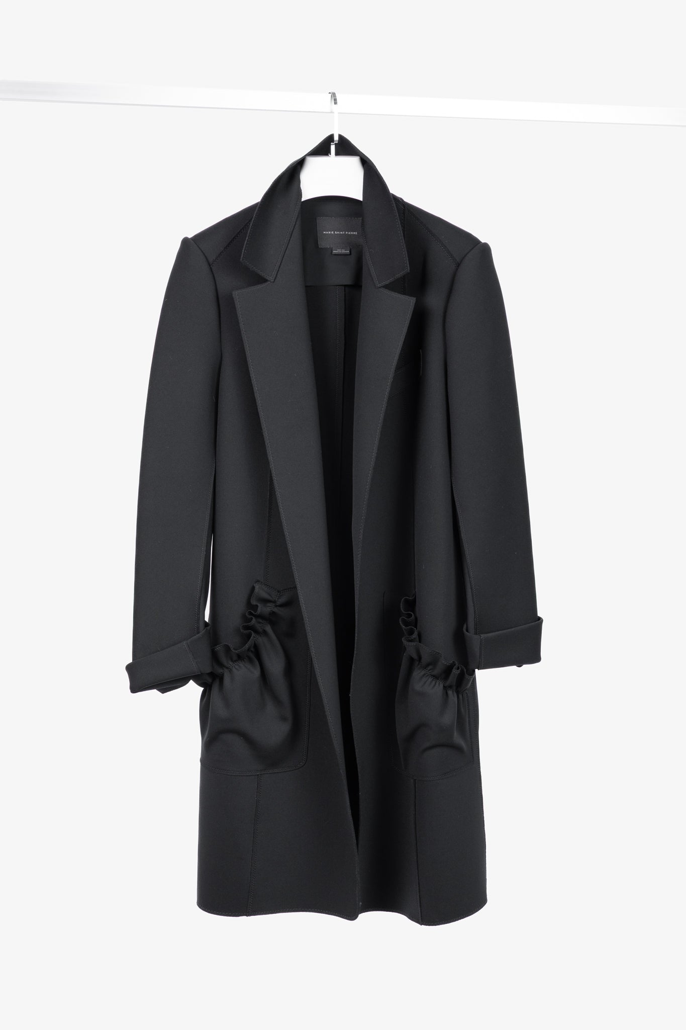Marie Saint Pierre Black Neoprene Open-Front Ruffle-Pocket Coat