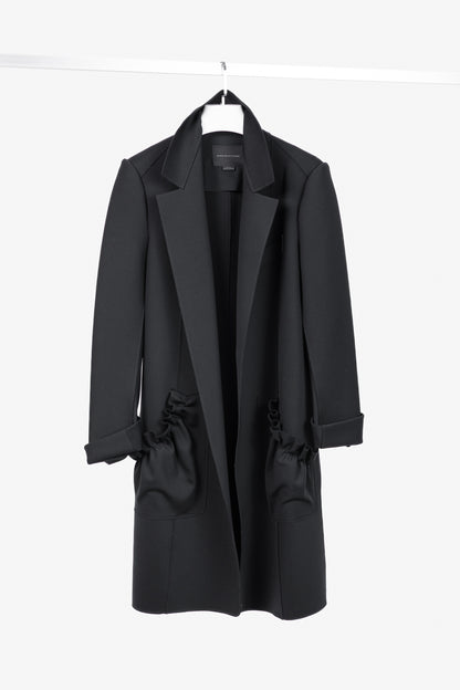 Marie Saint Pierre Black Neoprene Open-Front Ruffle-Pocket Coat