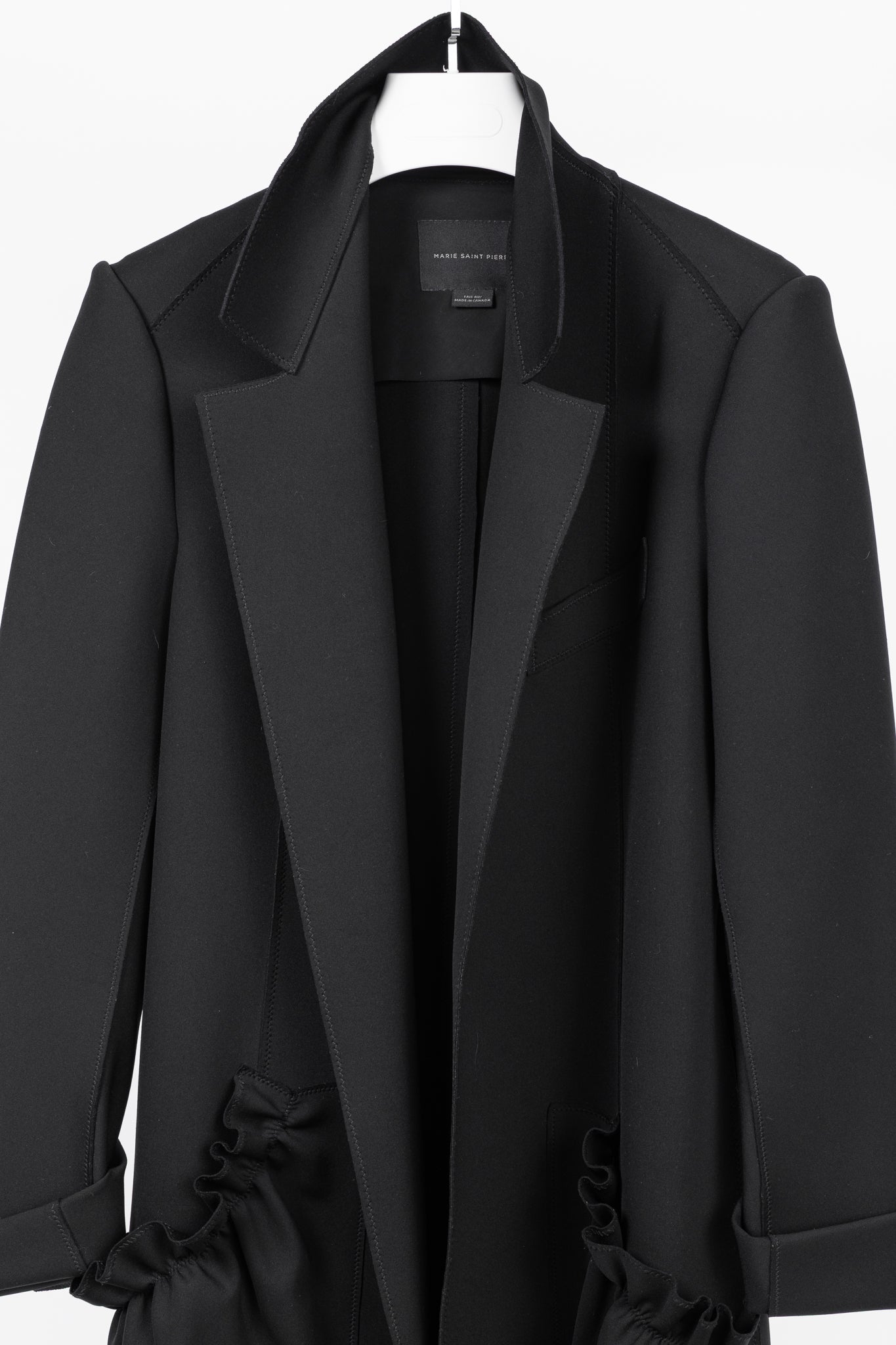 Marie Saint Pierre Black Neoprene Open-Front Ruffle-Pocket Coat