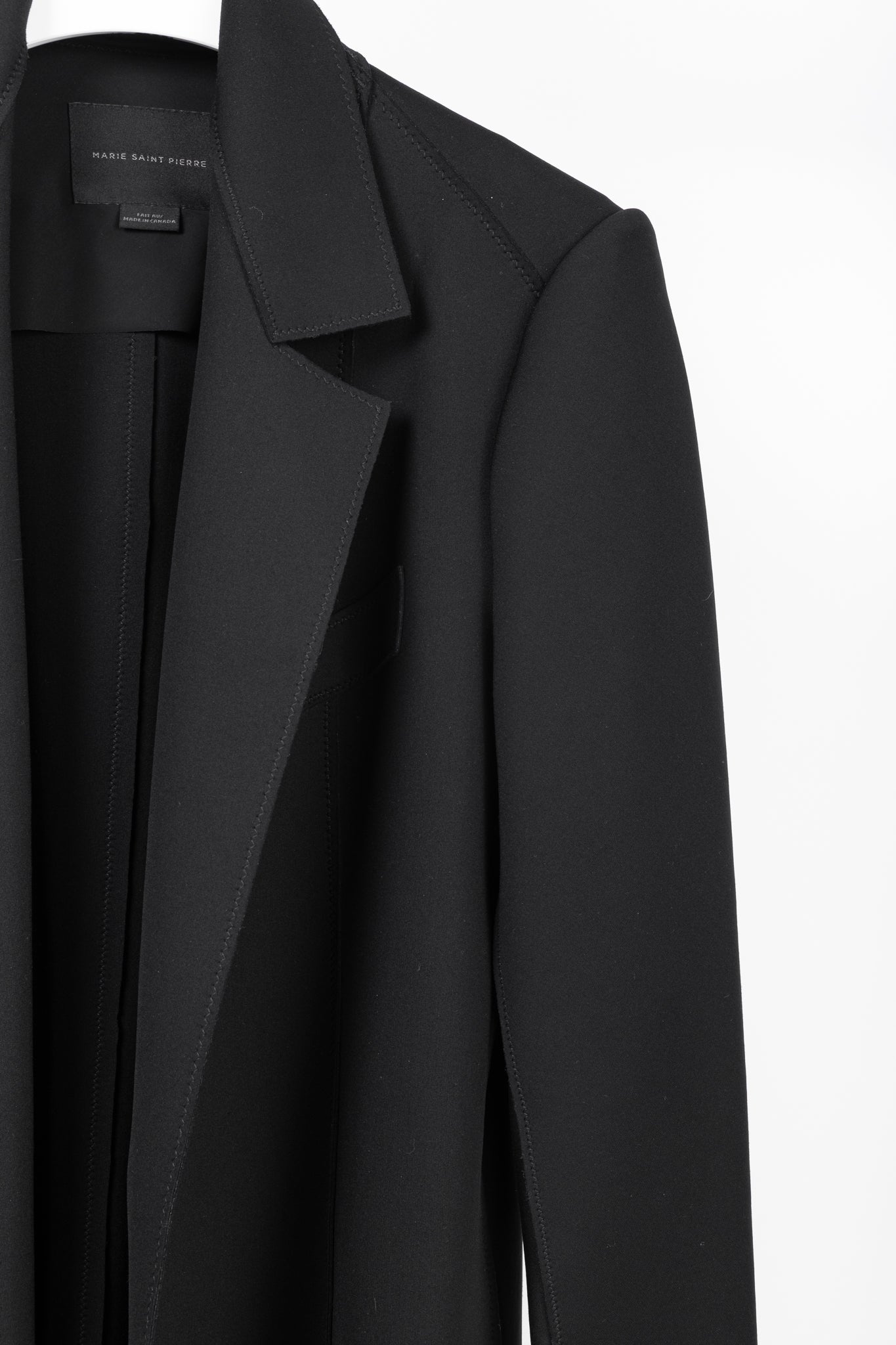 Marie Saint Pierre Black Neoprene Open-Front Ruffle-Pocket Coat