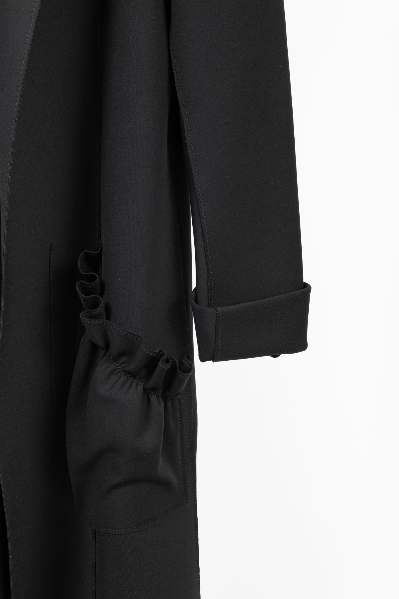 Marie Saint Pierre Black Neoprene Open-Front Ruffle-Pocket Coat