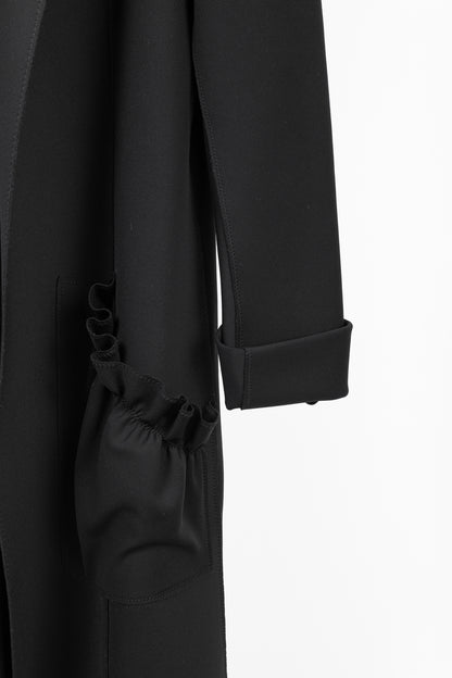 Marie Saint Pierre Black Neoprene Open-Front Ruffle-Pocket Coat