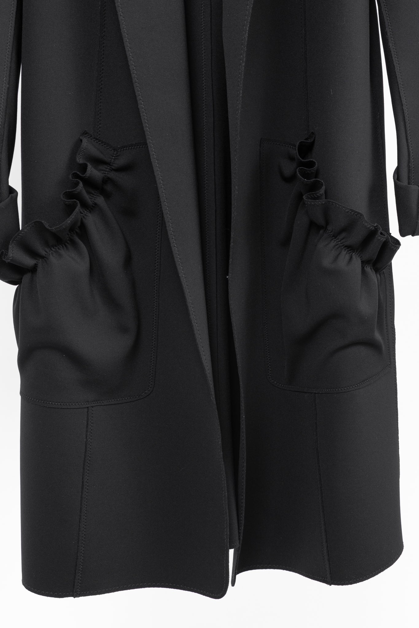 Marie Saint Pierre Black Neoprene Open-Front Ruffle-Pocket Coat
