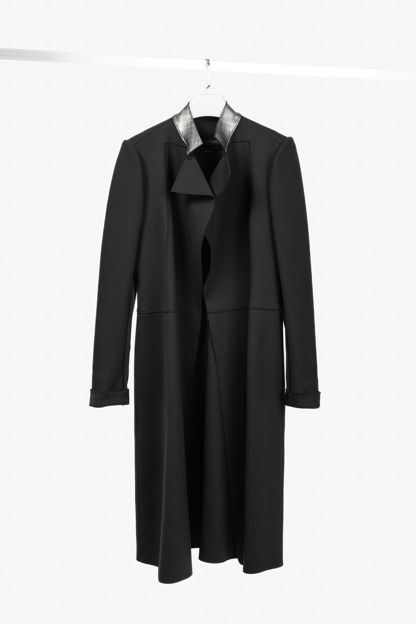 Marie Saint Pierre Black Neoprene Metallic-Neck Open-Front Coat