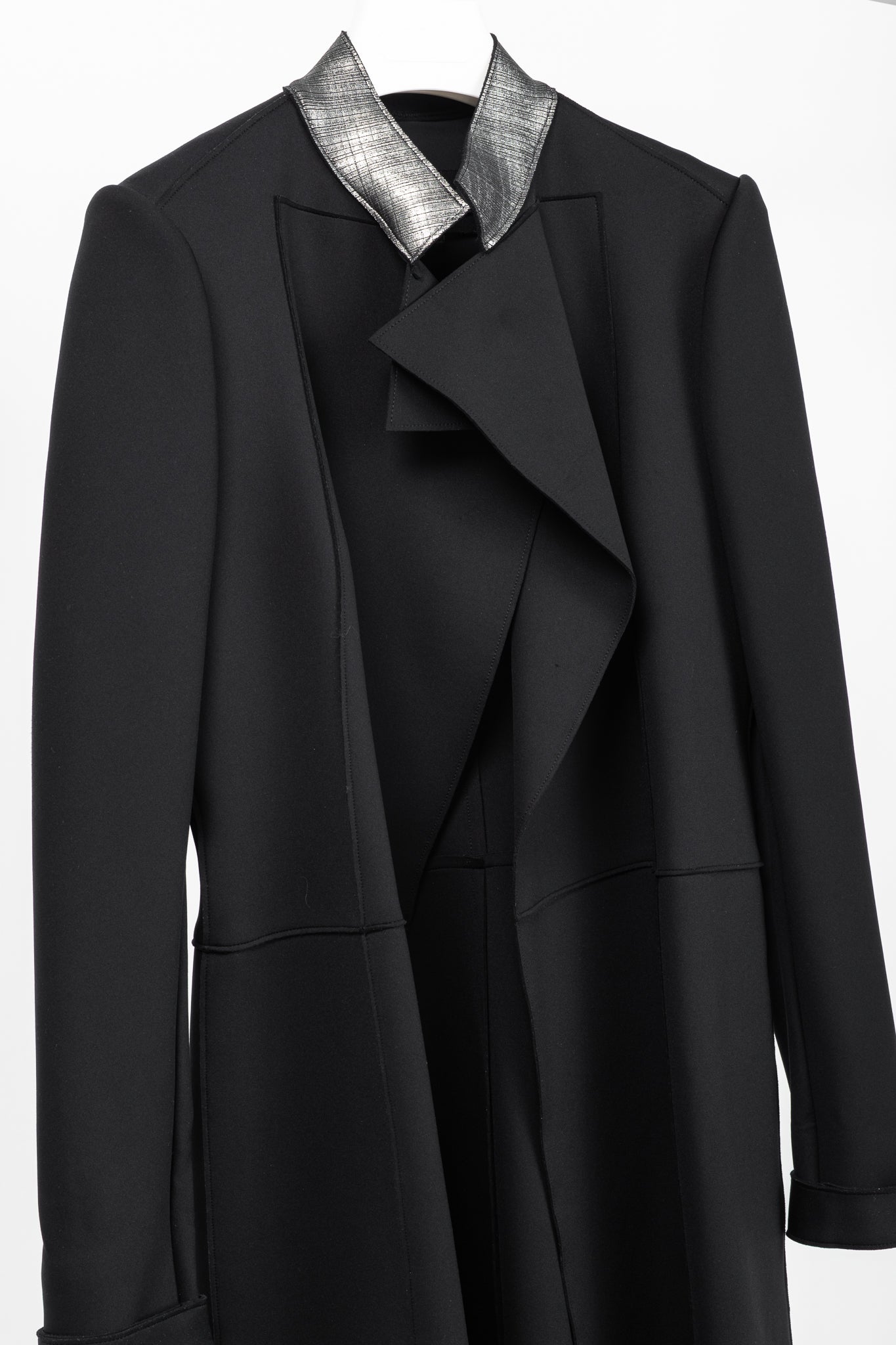 Marie Saint Pierre Black Neoprene Metallic-Neck Open-Front Coat