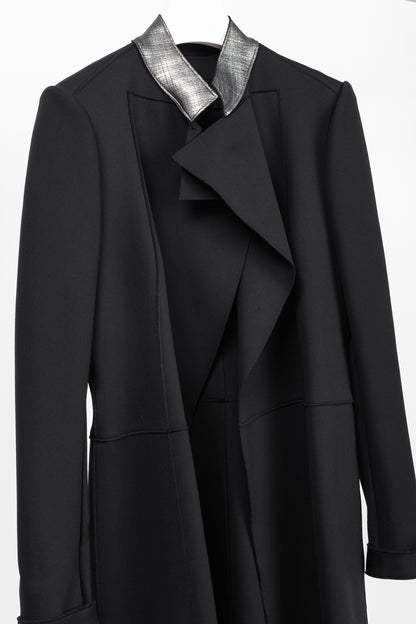 Marie Saint Pierre Black Neoprene Metallic-Neck Open-Front Coat