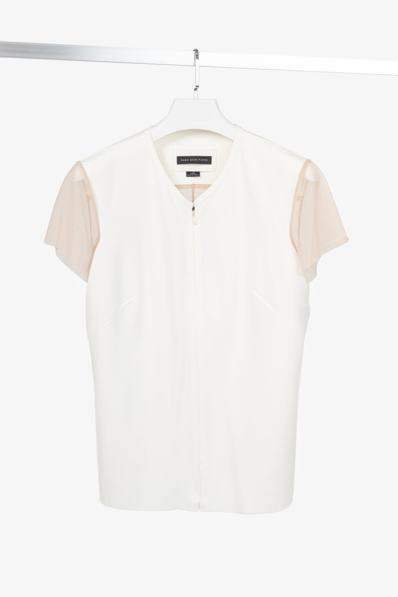 Marie Saint Pierre Nusar White Jersey Mesh-Trim Short-Sleeve Jacket