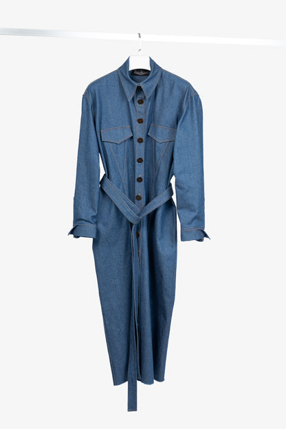 Marmar Halim Blue Denim Buttoned Belted Shirt Dress
