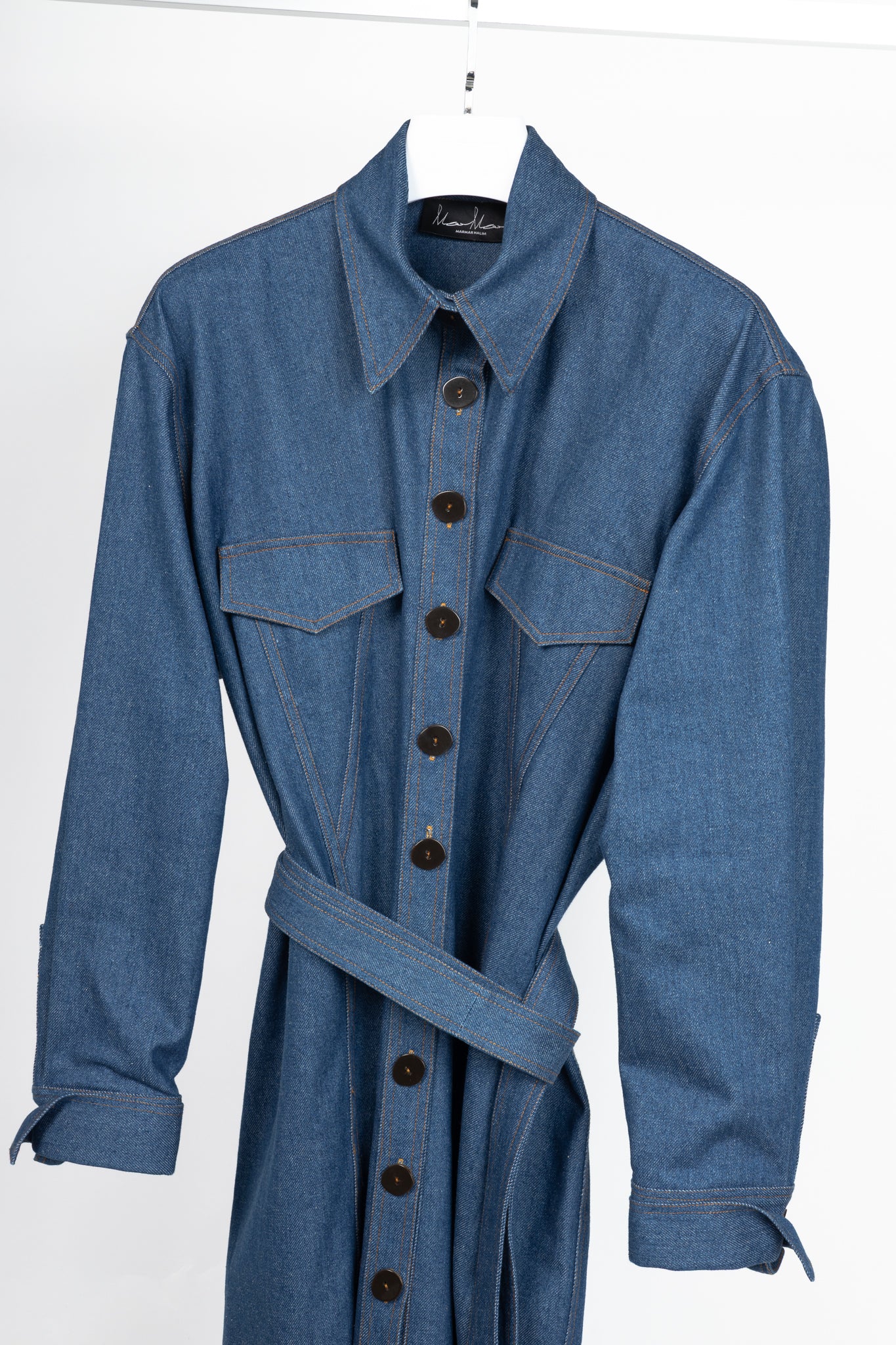 Marmar Halim Blue Denim Buttoned Belted Shirt Dress
