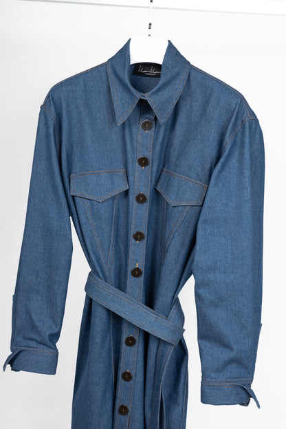 Marmar Halim Blue Denim Buttoned Belted Shirt Dress