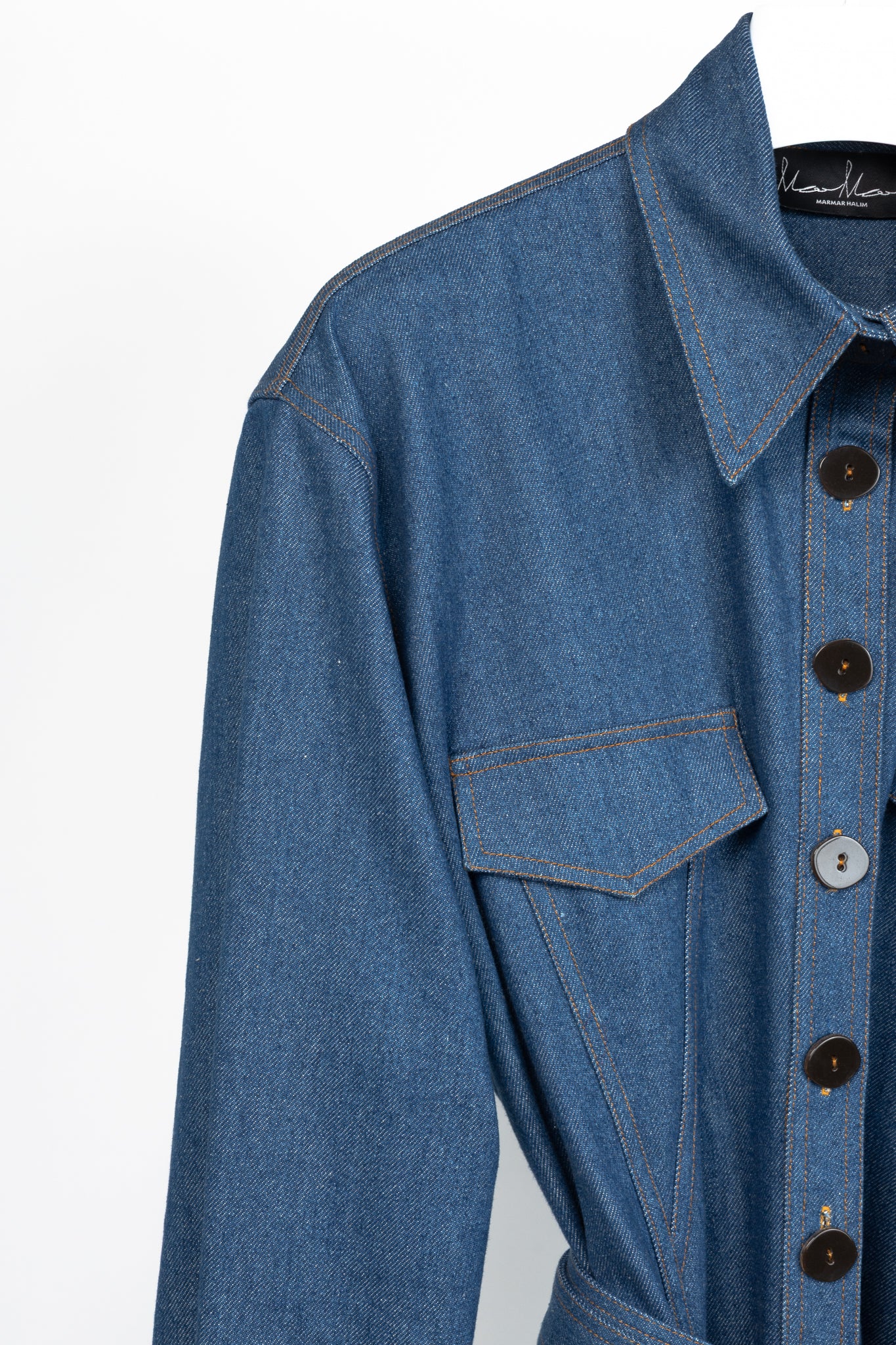 Marmar Halim Blue Denim Buttoned Belted Shirt Dress