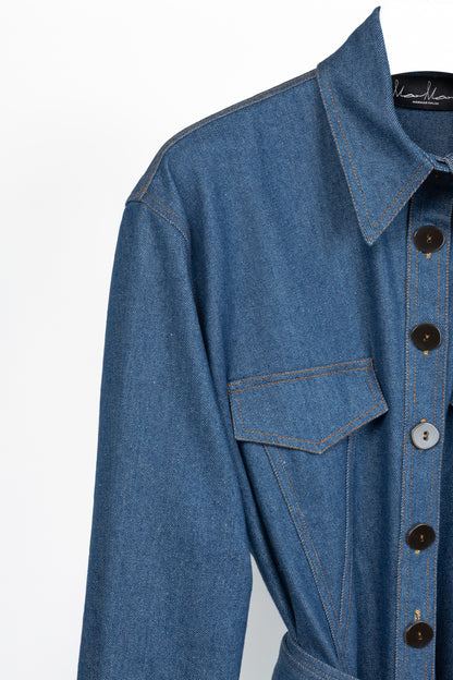 Marmar Halim Blue Denim Buttoned Belted Shirt Dress