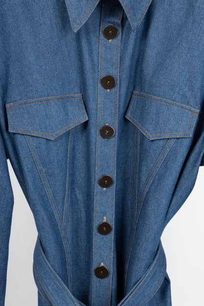 Marmar Halim Blue Denim Buttoned Belted Shirt Dress