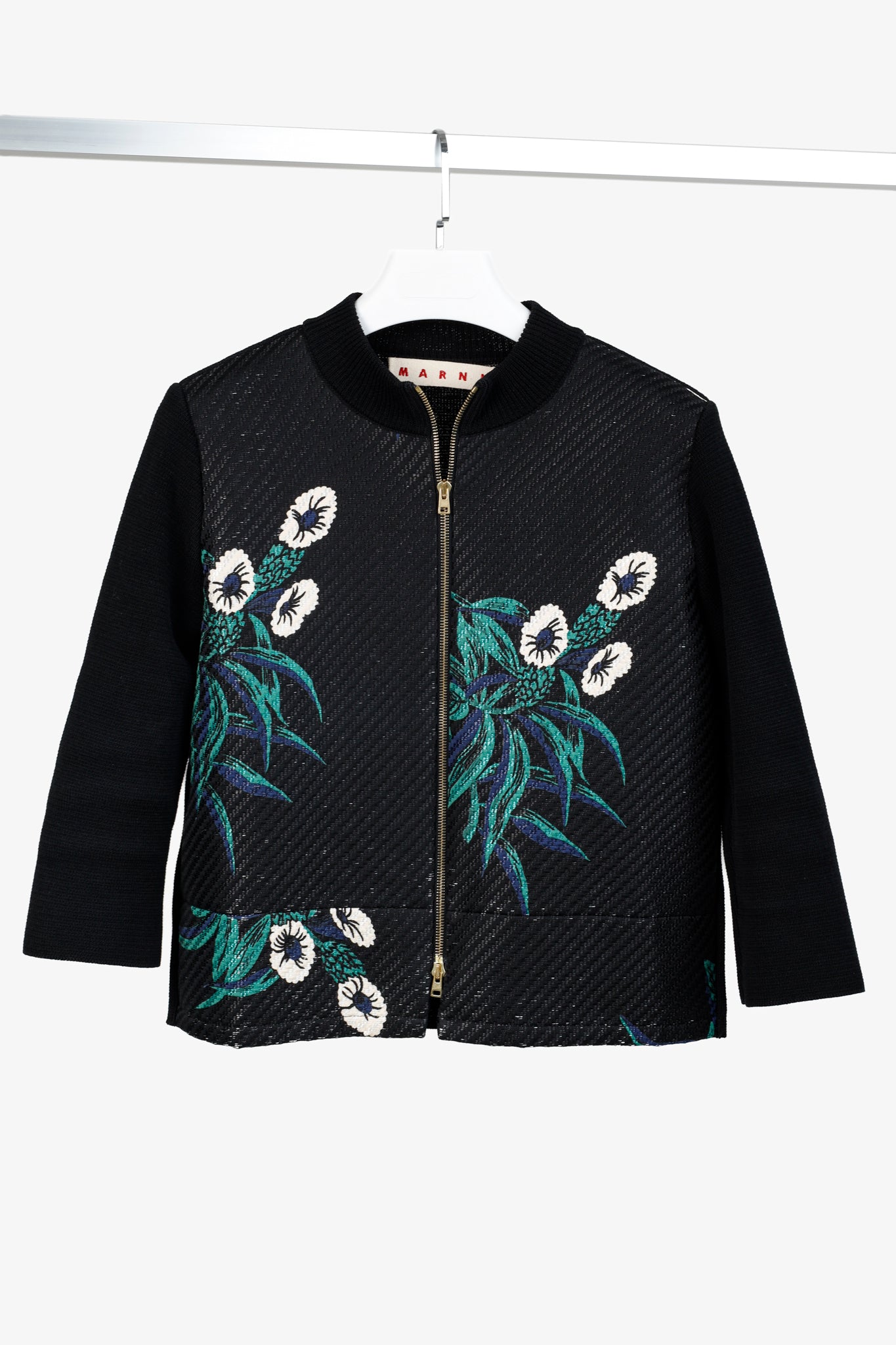 Marni Resort 2015 Black Floral Graphic Knit Bomber Jacket