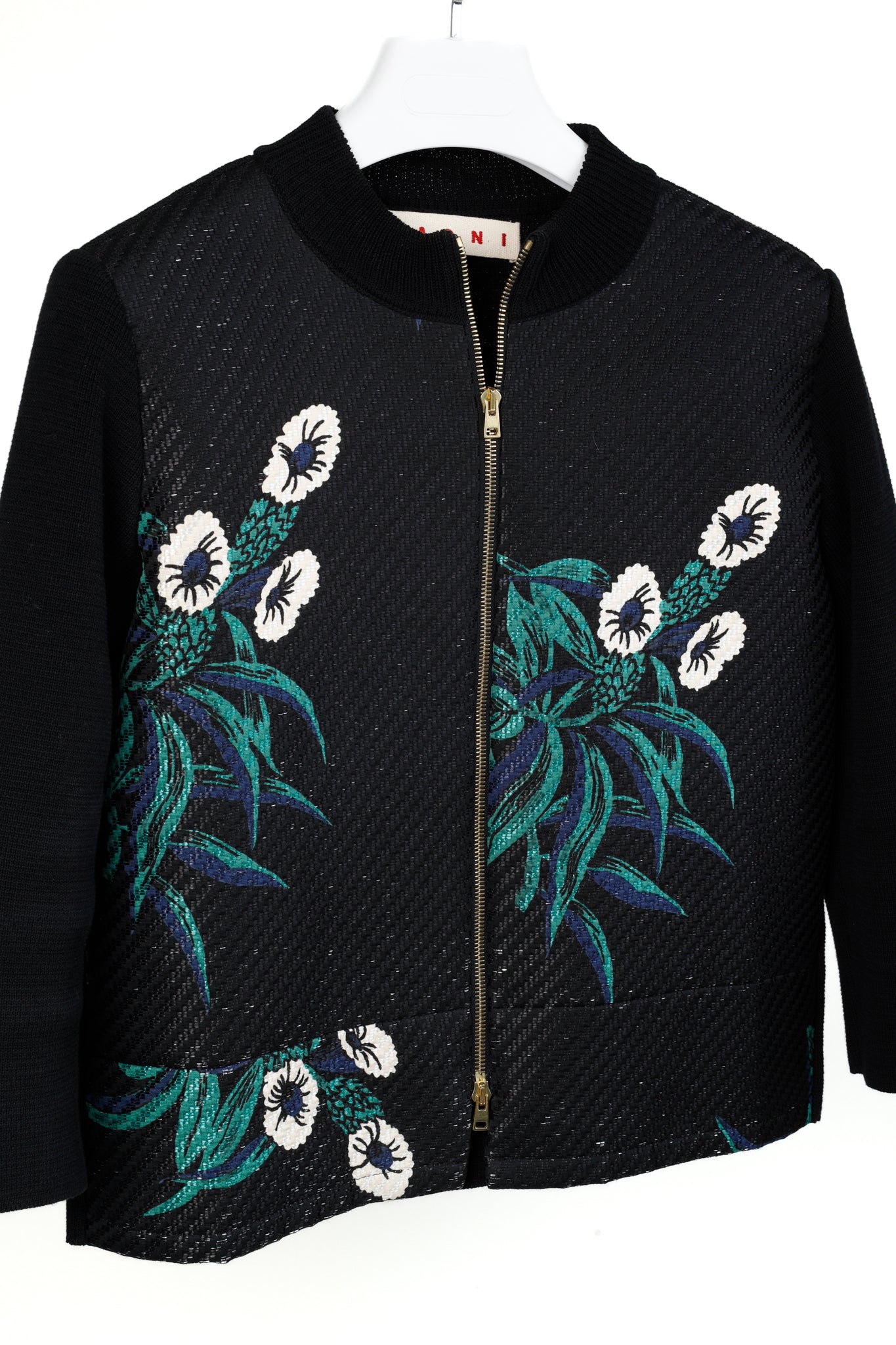 Marni Resort 2015 Black Floral Graphic Knit Bomber Jacket