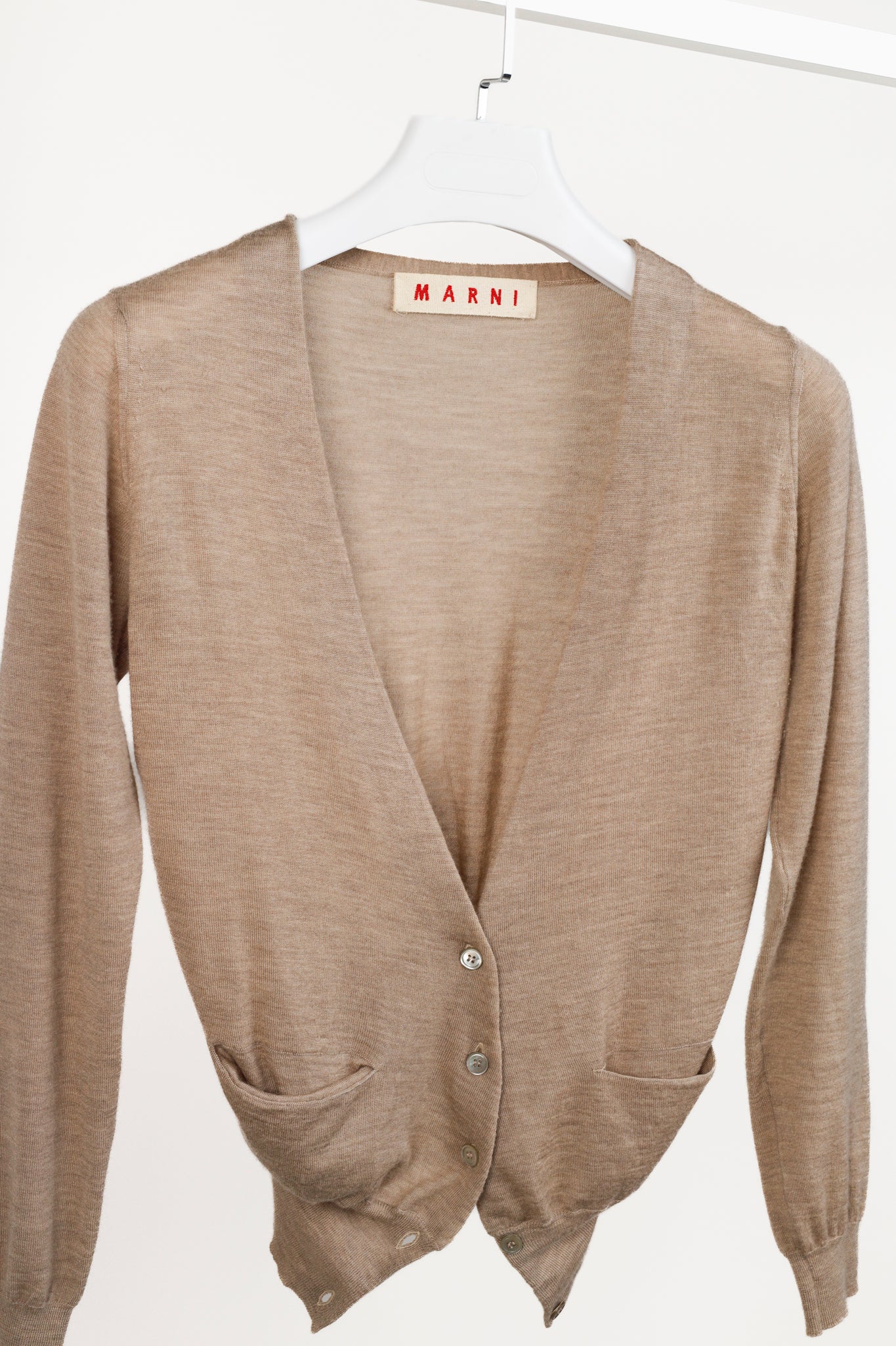 Marni Oatmeal Brown Cashmere V-Neck Cardigan