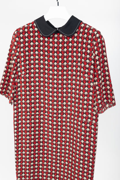Marni Red Silk-Crepe Seashell-Print Collared Shift Dress