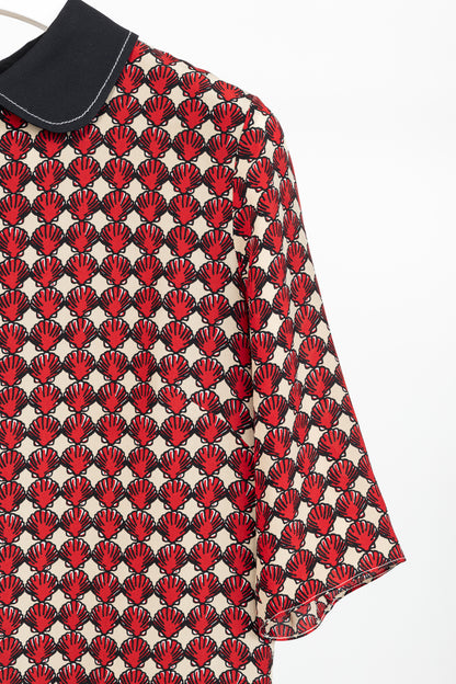 Marni Red Silk-Crepe Seashell-Print Collared Shift Dress