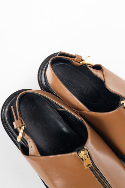Marni Peanut Leather Zip-Front Slingback Sandals
